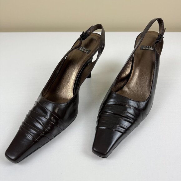 Stuart Weitzman Brown Pumps Pointed Toe Kitten Heel Sling Back Heels - Picture 1 of 10